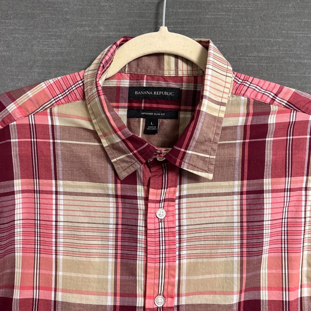 Banana‎ Republic Shirt L Slim Fit Red Beige Plaid Untucked Cotton Casual Preppy